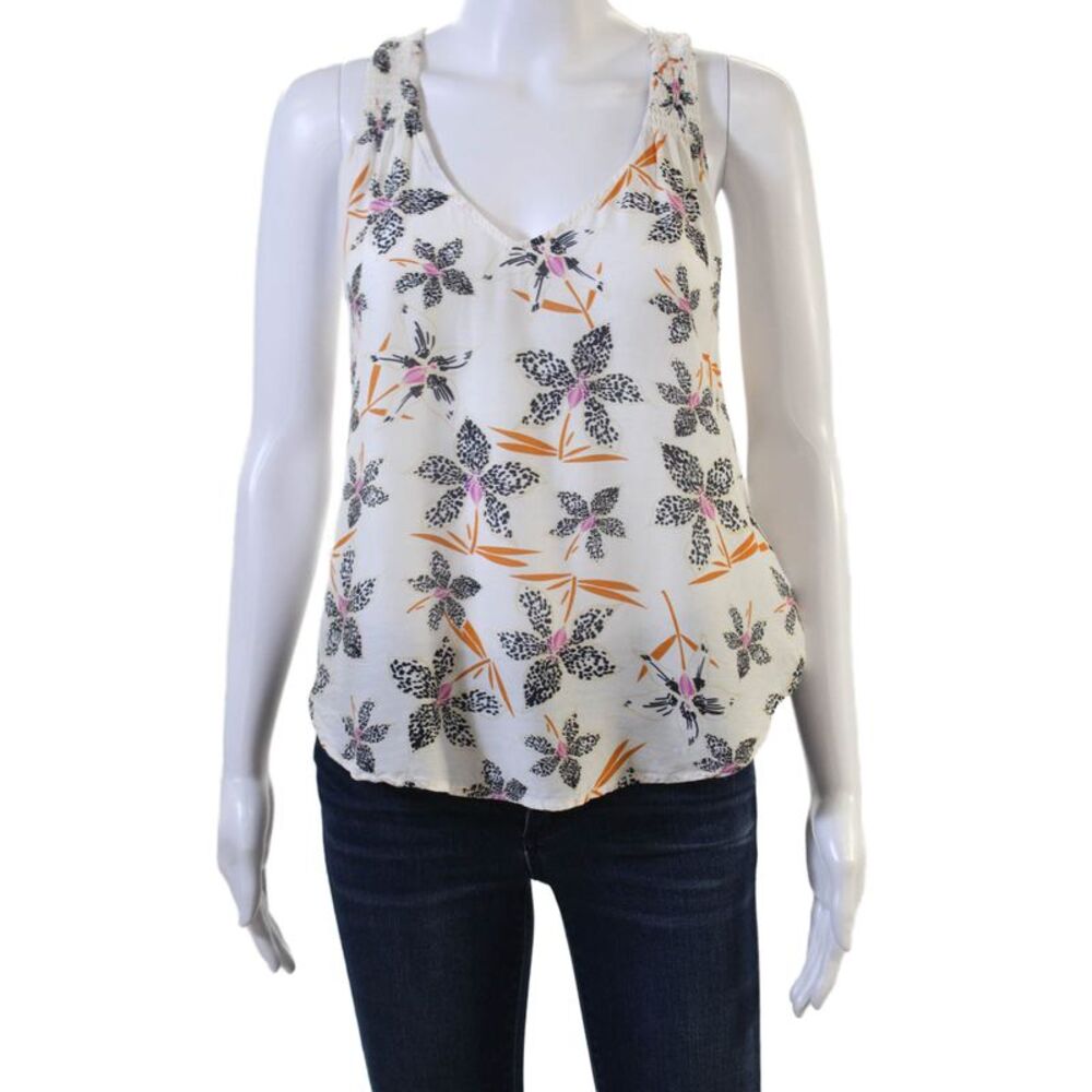 Caballero Collection Womens White Floral V-Neck Camisole Sleeveless Size S